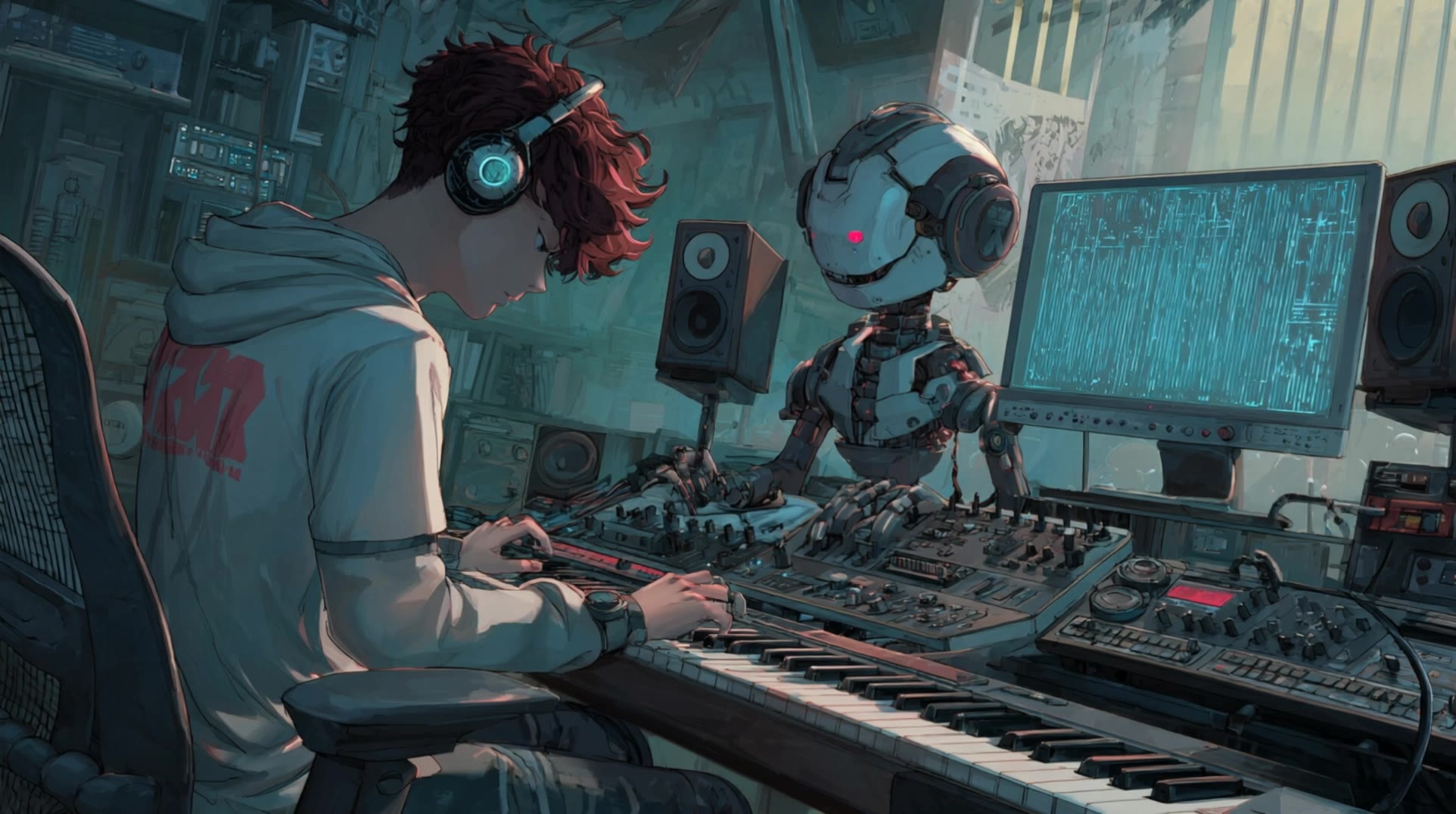 a young man composes music with - ai music detectors AI video