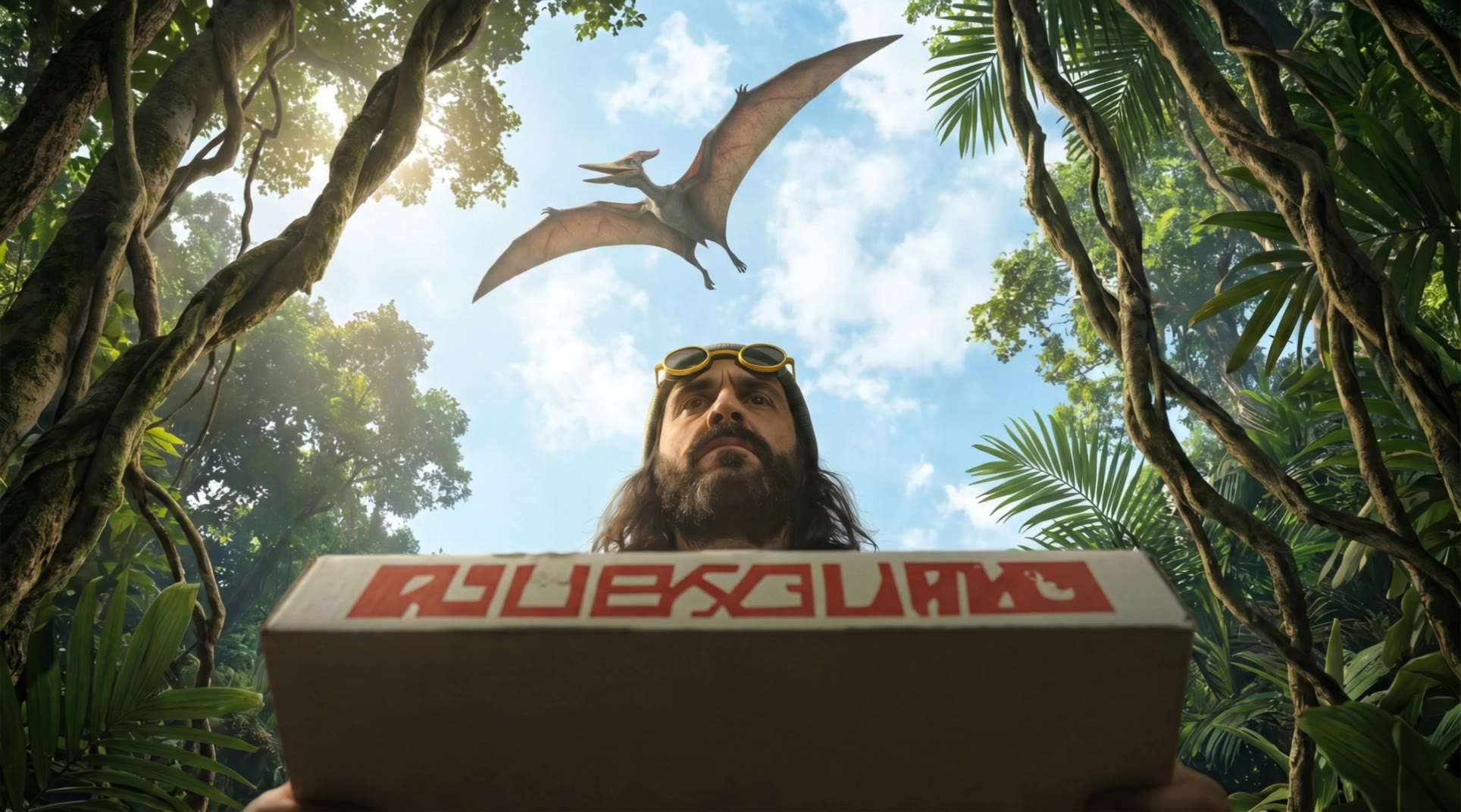 Dinosaur flying above pizza dude - dinosaur animation AI video