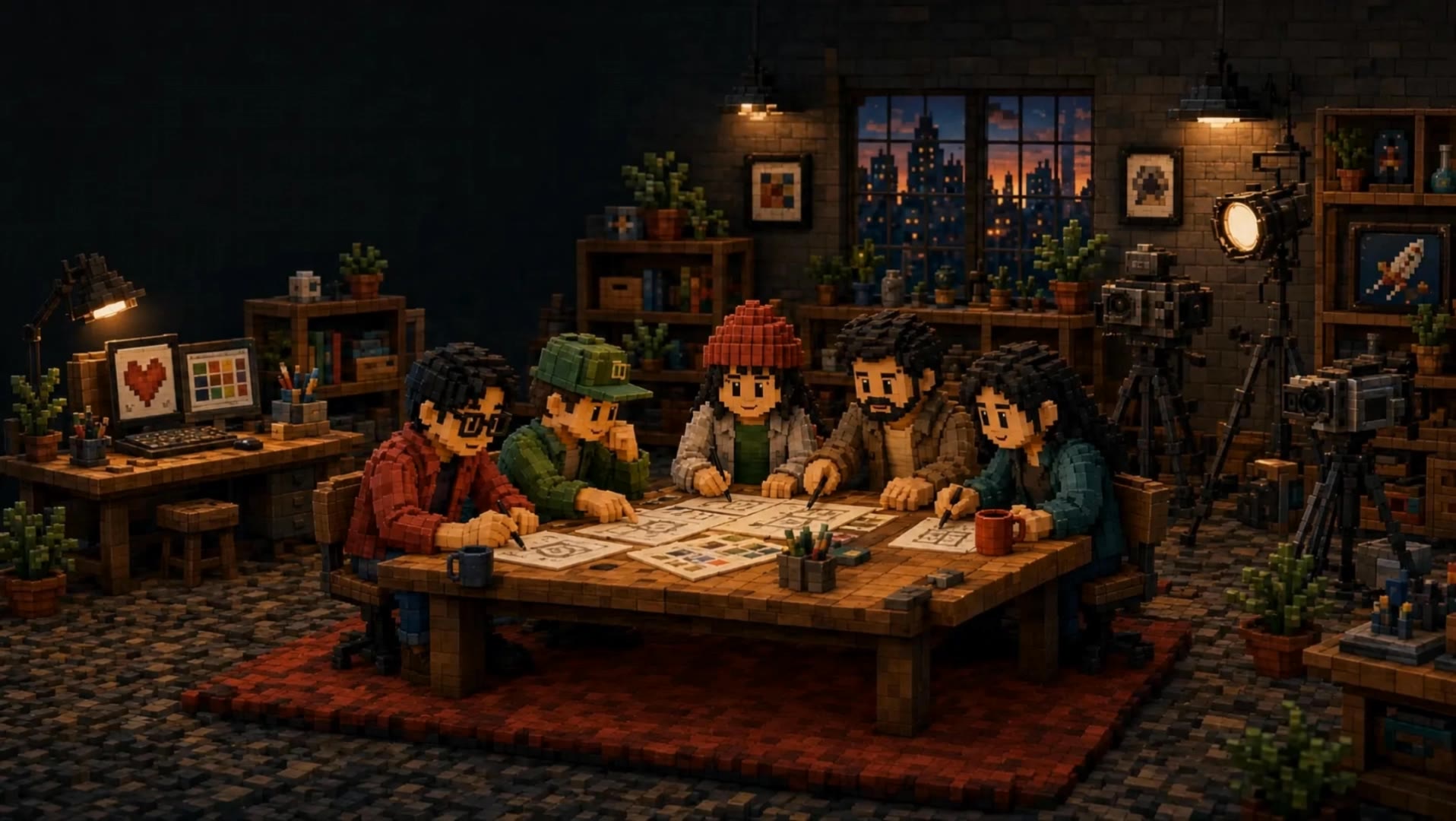 voxel-team-discussing-loop.webp - the studio characters AI video