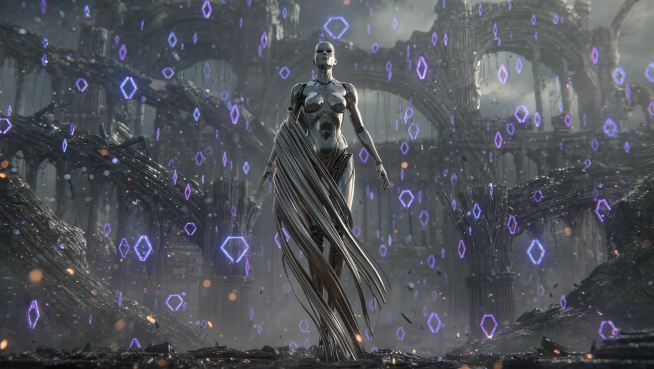 mysterious cyborg - hexagonal lighting AI video