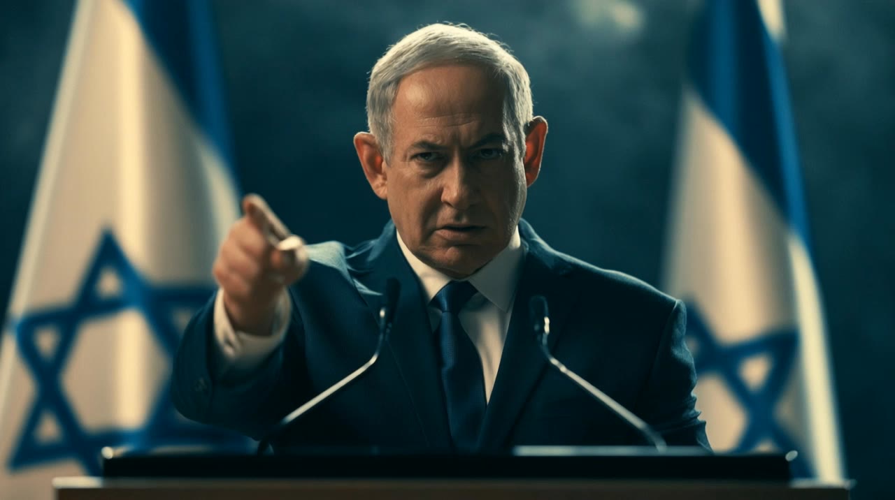 Netananyahu pointing fingers - fingers cyberpunk AI video