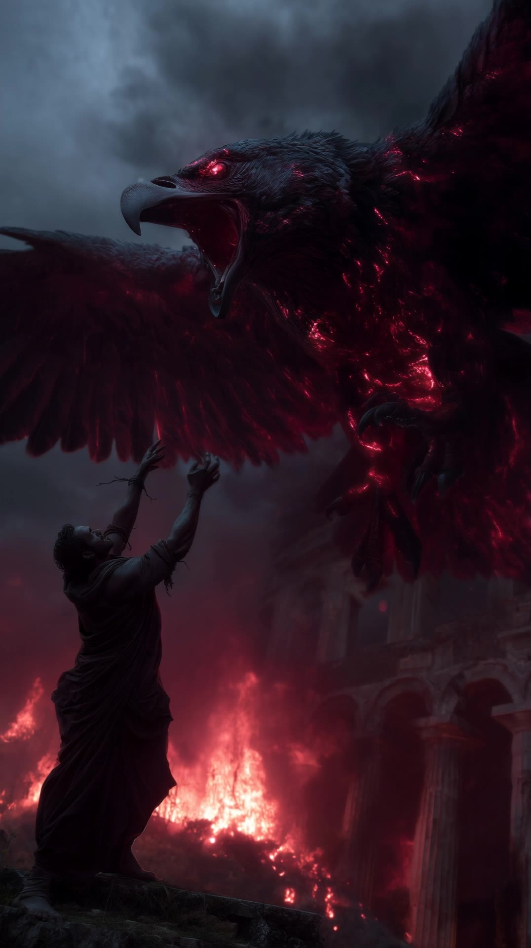 raven grabs a man - flying raven tattoo AI video