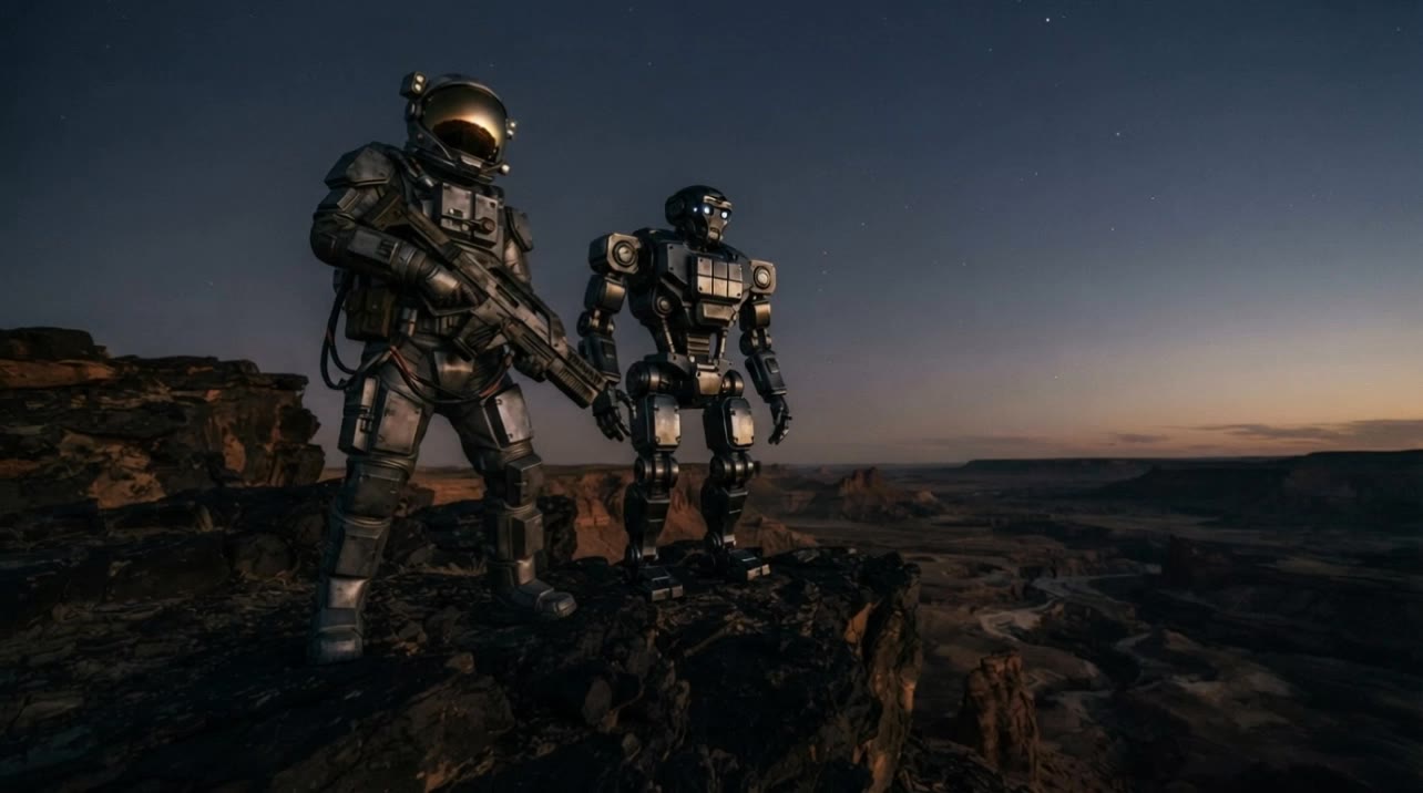 Astronaut and droid on a rock - rock animation AI video