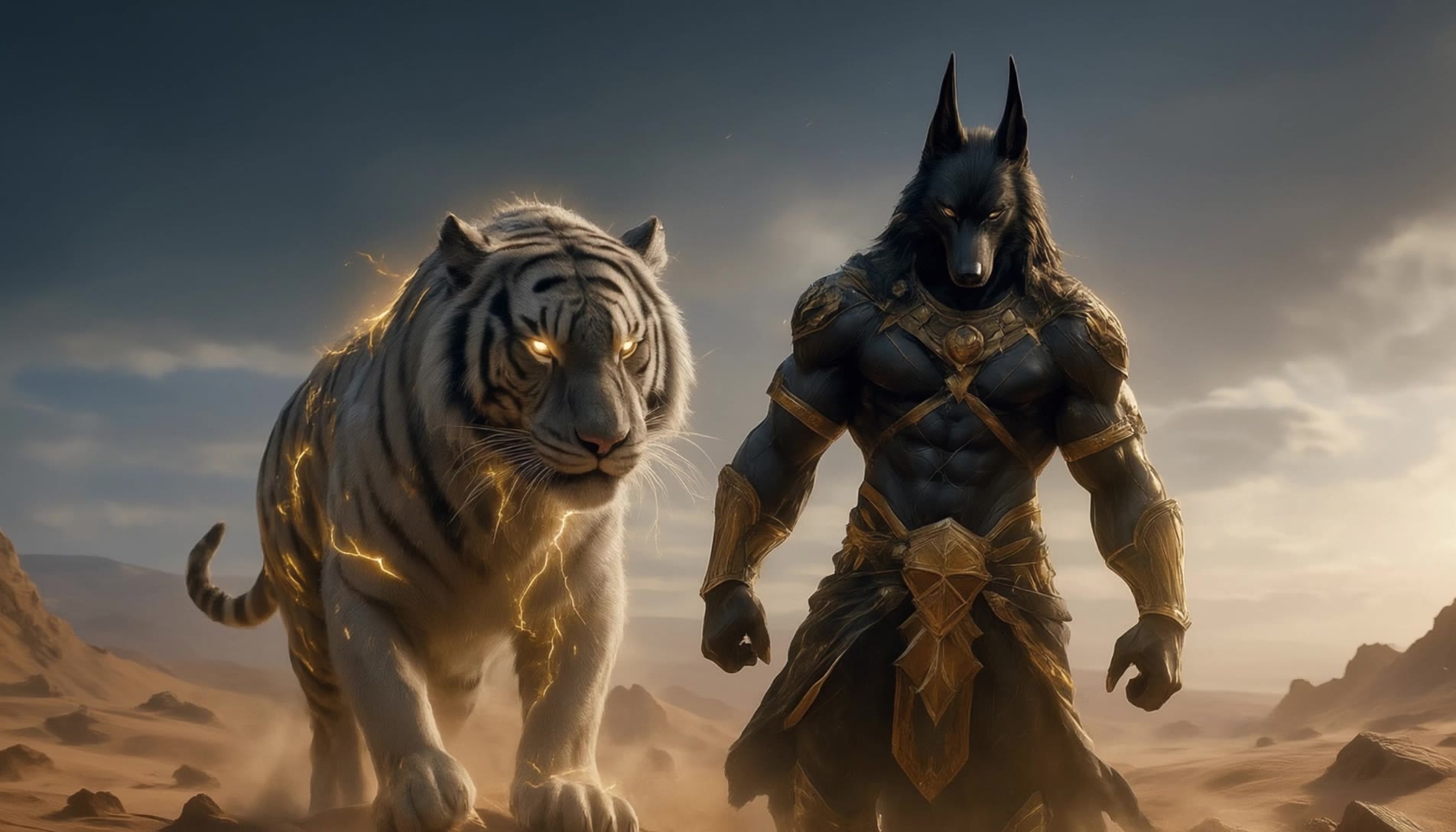 Anubis and white tiger - tiger scene AI video