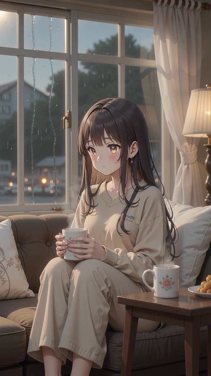 Animated girl sitting at home - anime music videos AI video