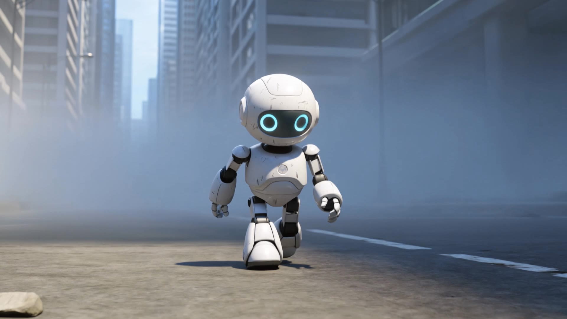 raobot walking in a abandad city - city the animation characters AI video