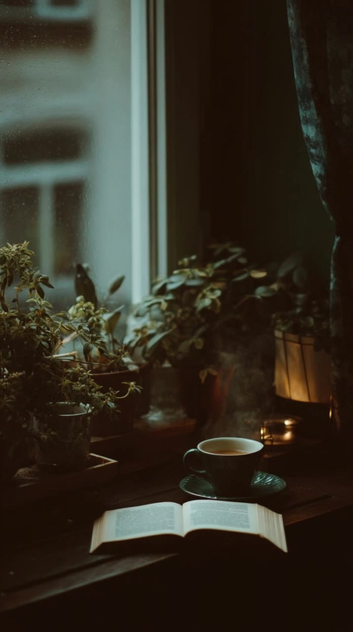 Tea and a Book - sidelight window film AI video