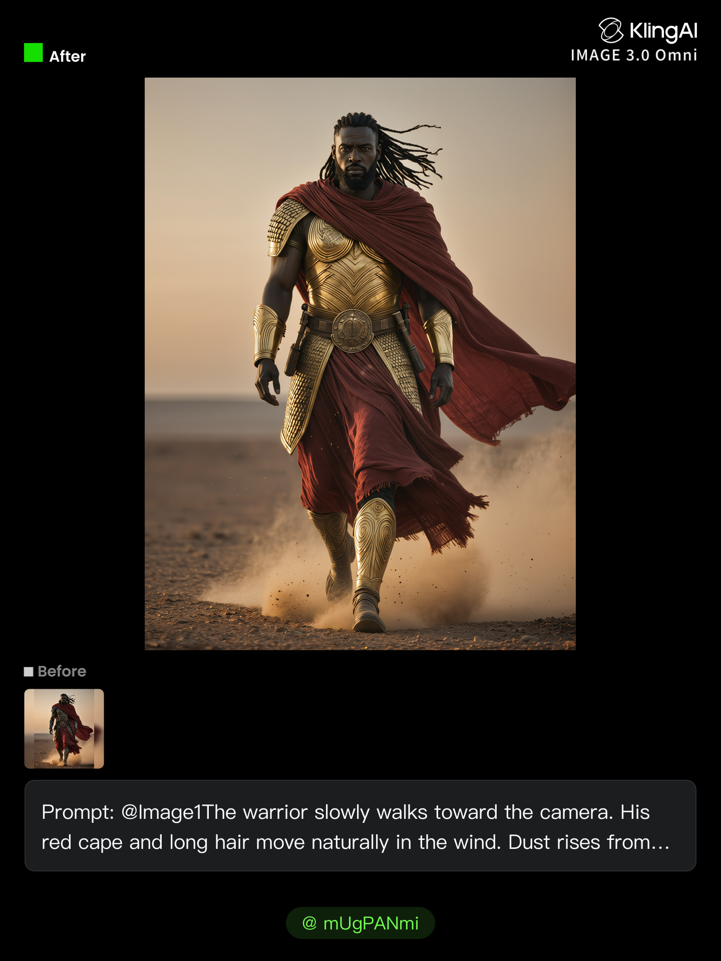 The warrior slowly walks toward  - movie scene where character walks around slowly AI image