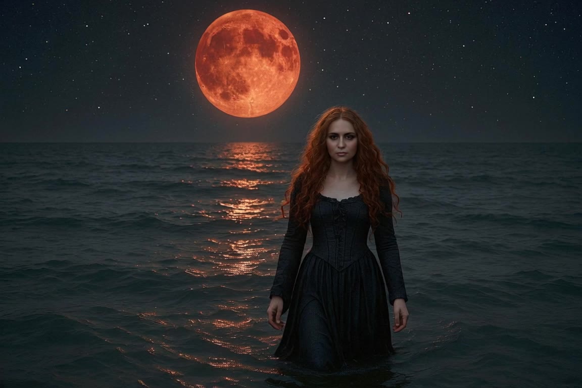A woman with long red hair walks - olive skin red hair AI video
