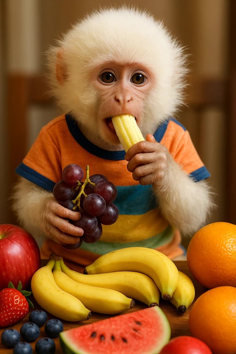 White monkey mukbang fruits - fruits kling ai AI video