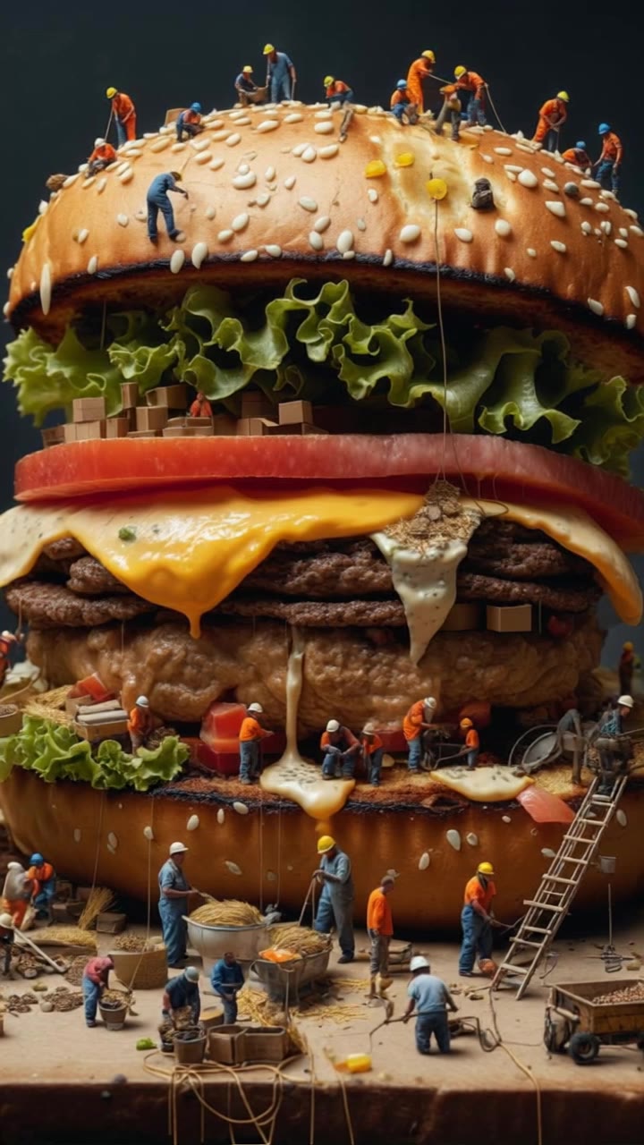 tiny workers make a giant burger - burger scene AI video