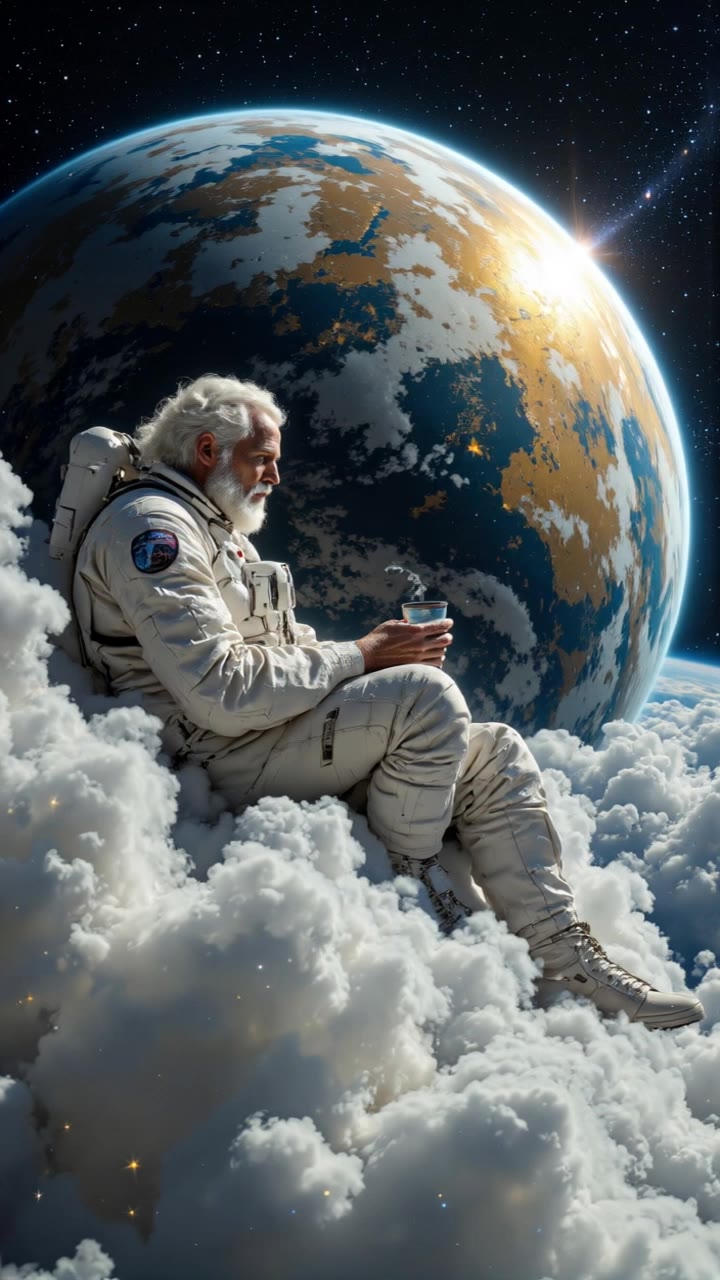 Old Astronaut Sitting On Clouds - animated astronaut AI video
