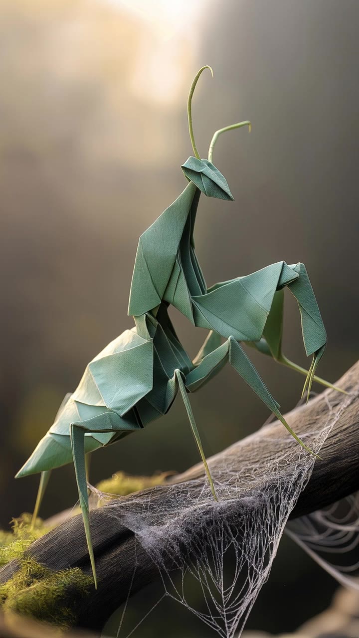 emerald green origami mantis - new mantis skin AI video