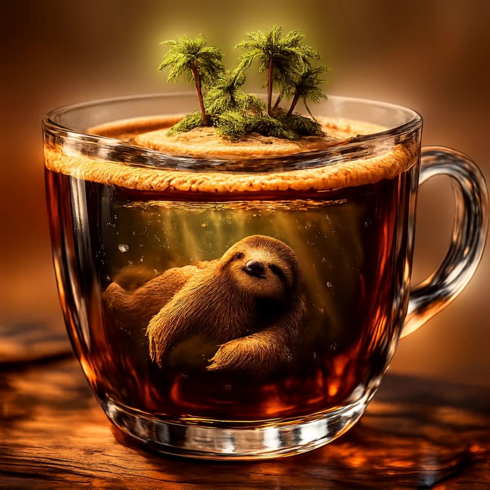 Deep Sea Coffee Diving - sloth swimming AI video