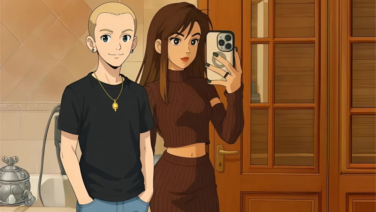 a manga couple take a selfie - manga bg AI video
