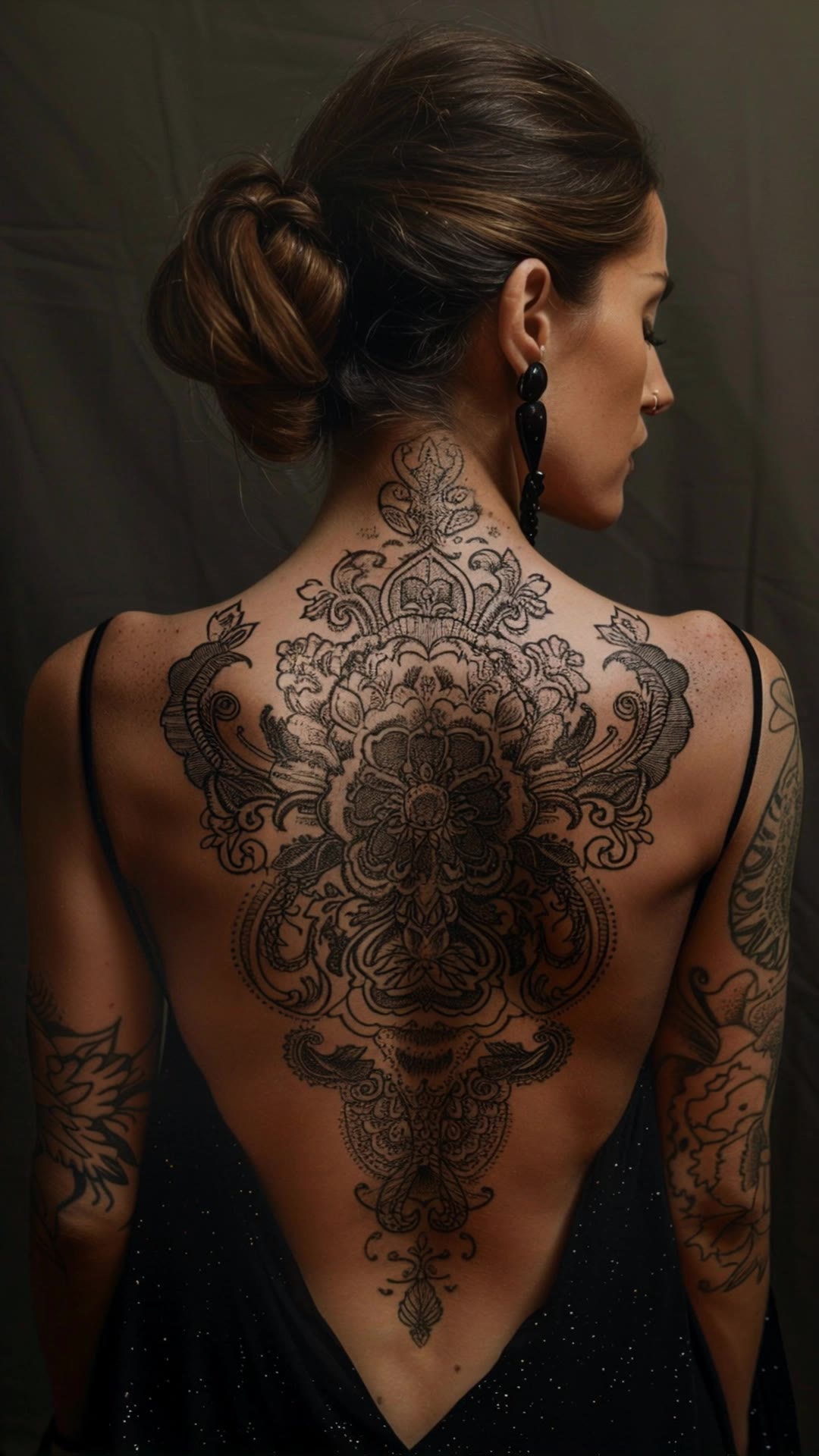 A woman with an ornate tattoo - your name tattoo AI video