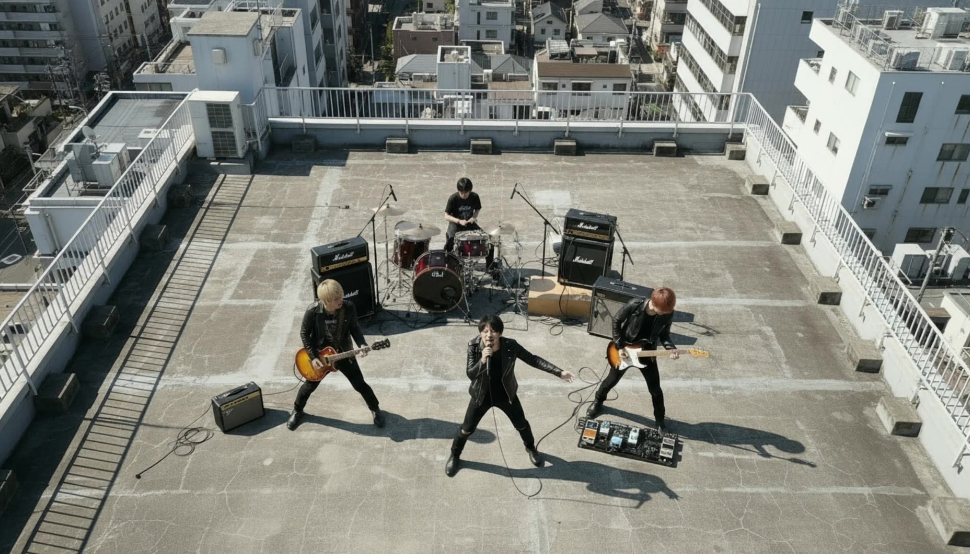 A scene from a four-piece band - add a background to a band video with ai AI video