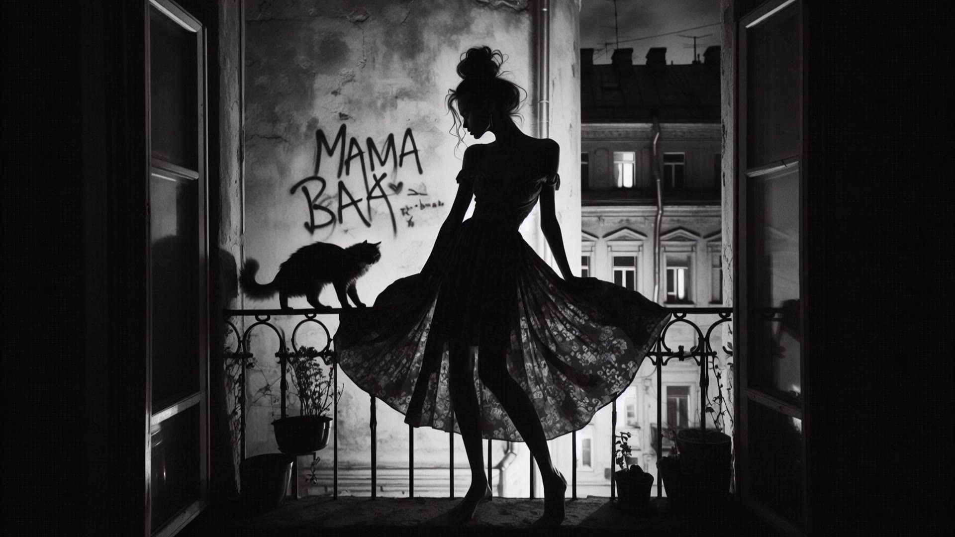 night, balcony, cat watches girl - cat dance wallpaper AI video