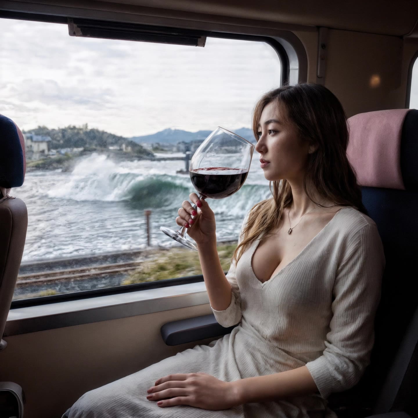 Woman drinks before disaster - train scene AI video
