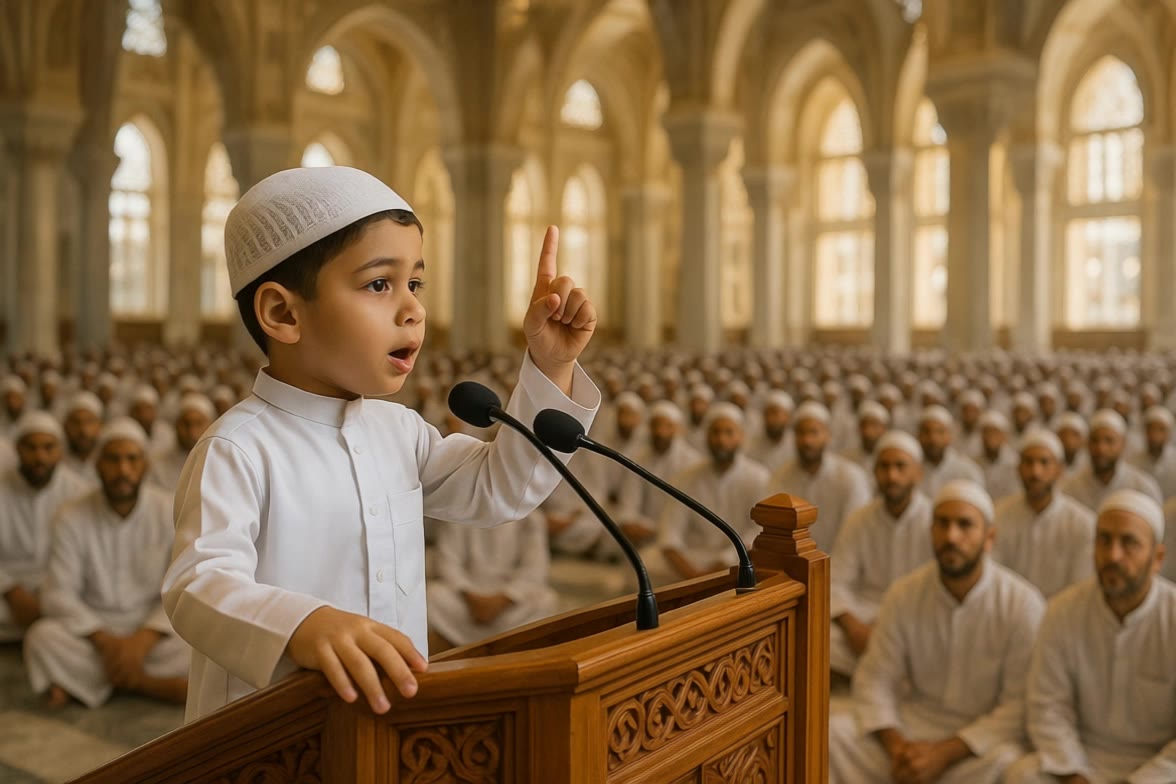 A young boy giving a speech to t - text to speech narrator AI video