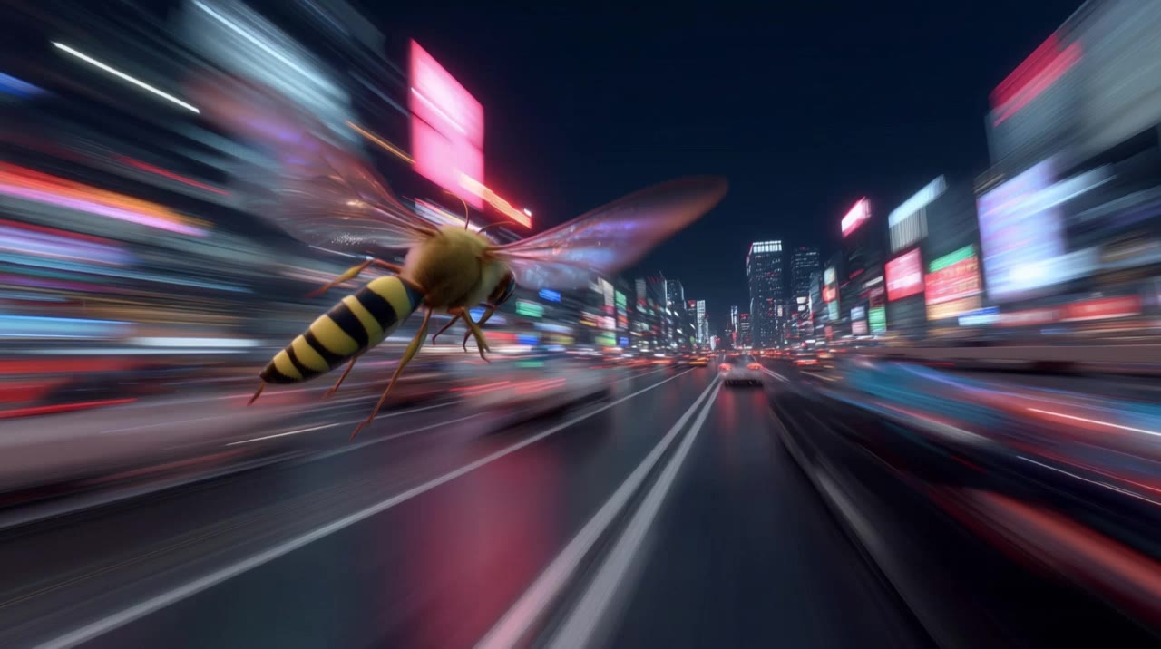 A fly flying over the city - fly in video AI video
