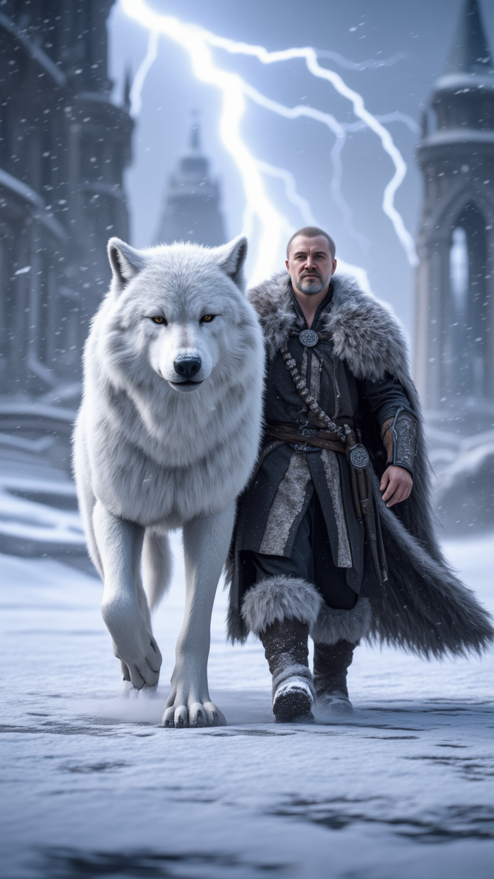 The man and the giant white wolf - wolf style AI image