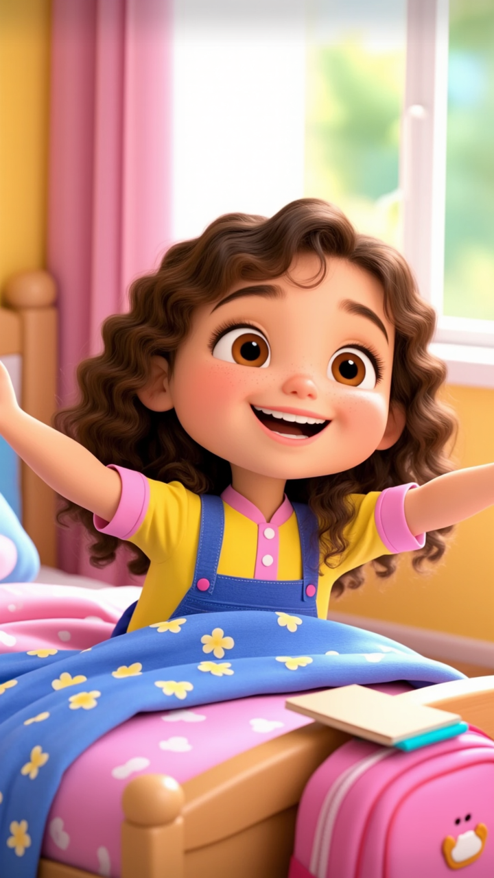 Mia's First Day at School - young cartoon characters girl AI image