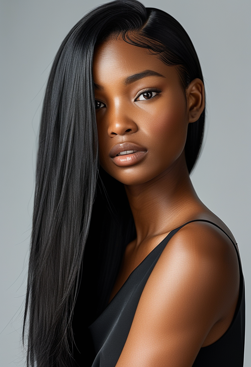 Black woman, long straight hair - hair color black underneath blonde on top AI image