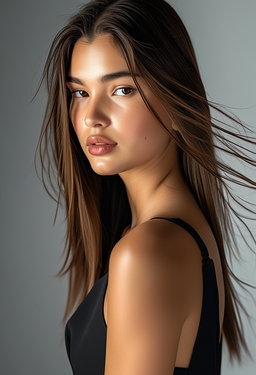 Brazilian woman, long brown hair - dark brown hair blonde highlights AI image