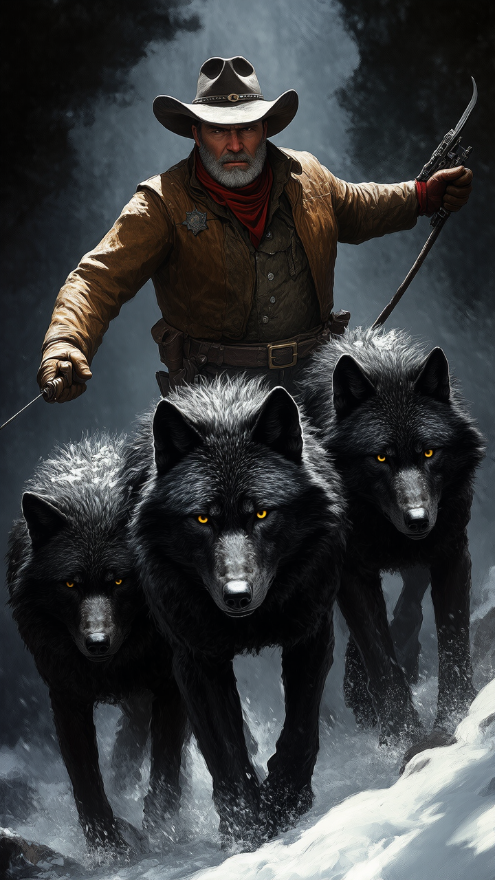 Cowboy with 3 dark wolves - a i 3 AI image