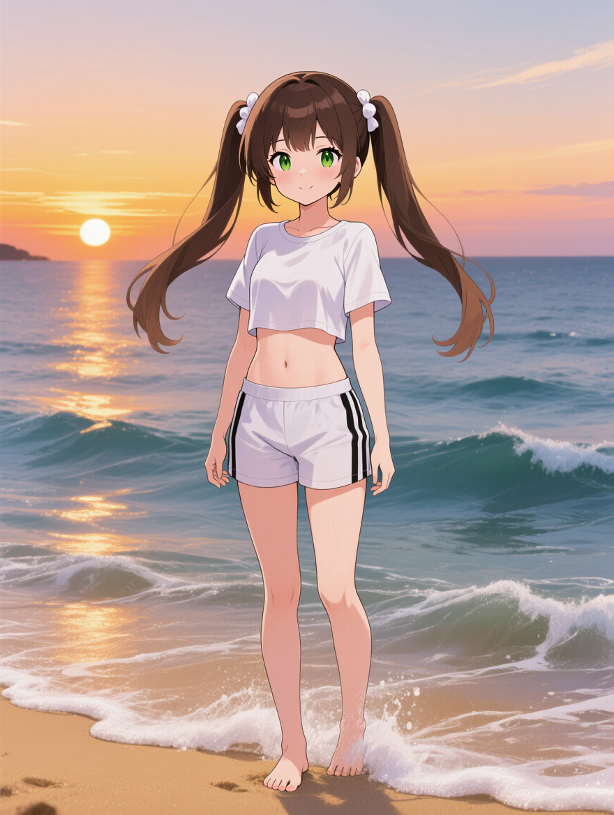 Kling AI work 301160921538565 - green hair anime girl with red and white shirt AI image