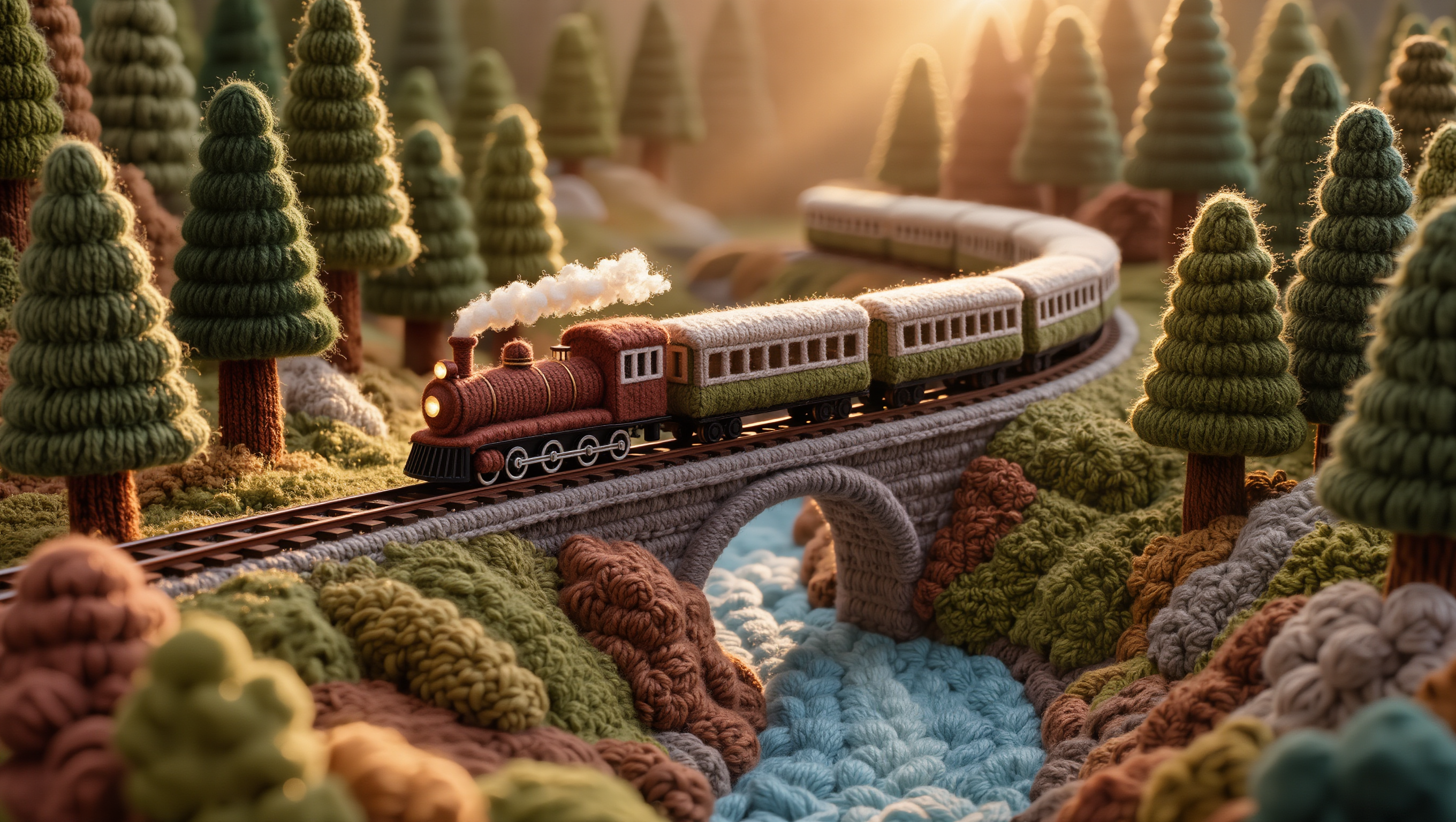 Woolen Train in Yarn Forest - train scene AI image