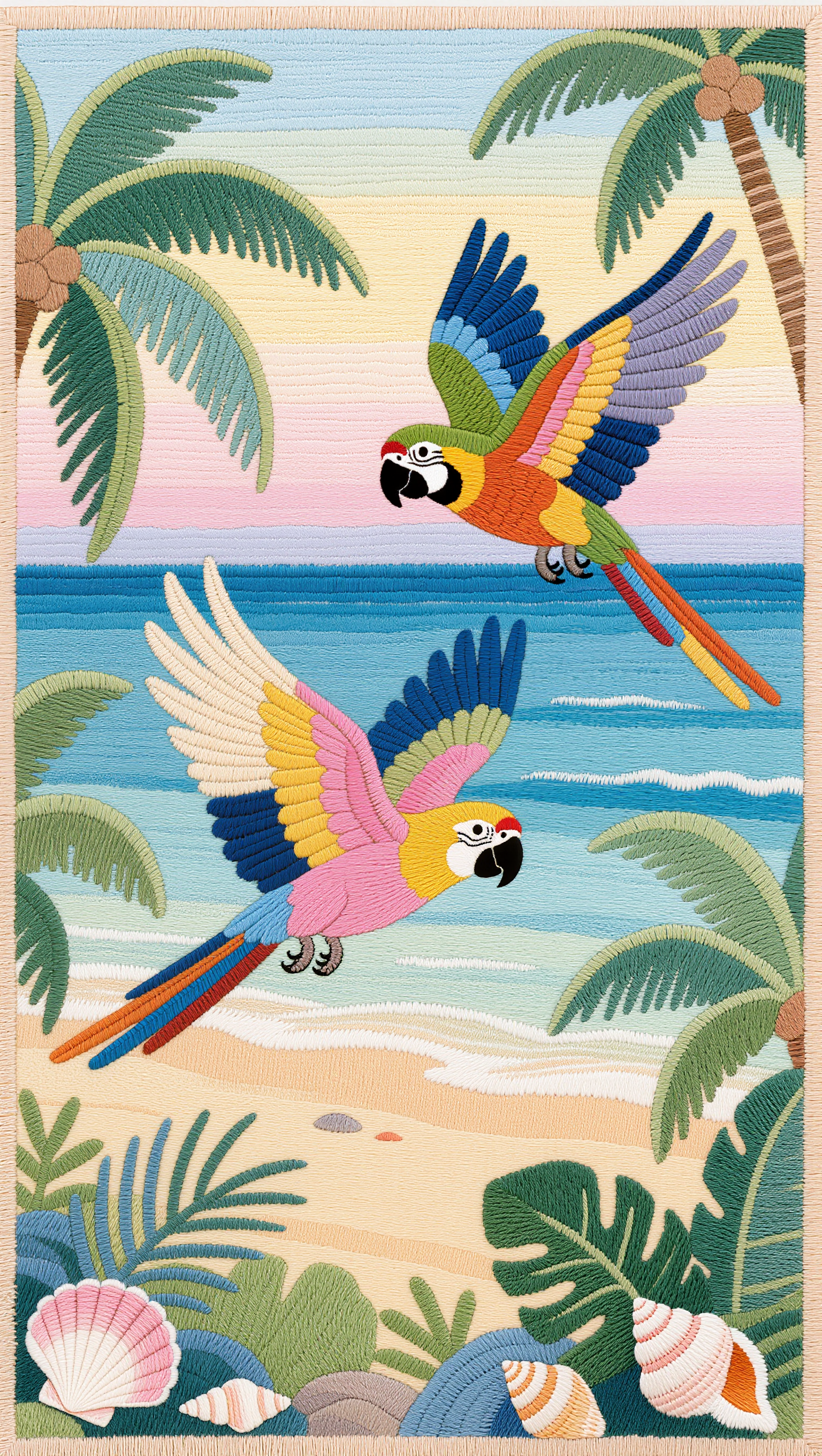 tropical scene with two parrots - ocean scene AI image