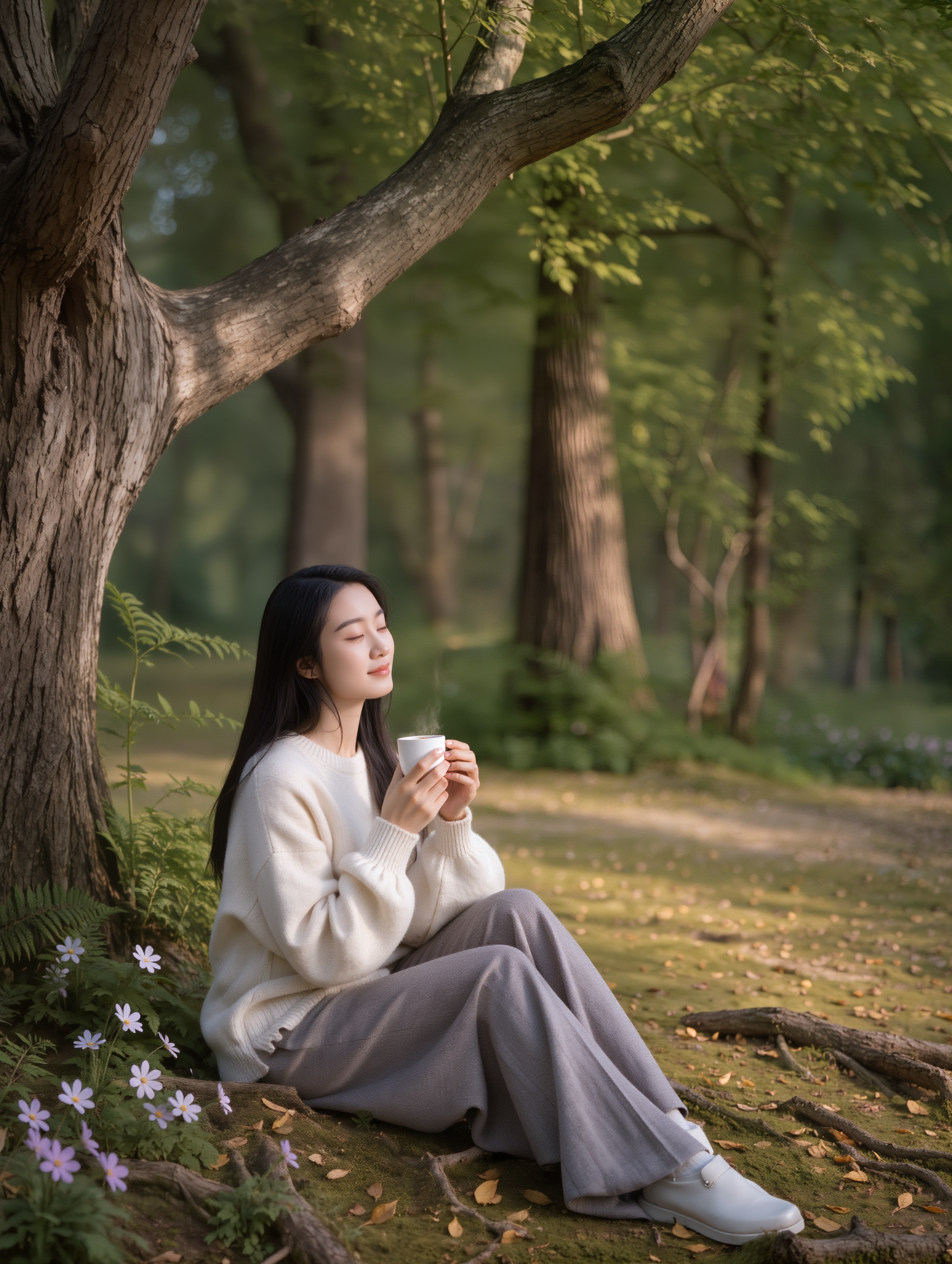 Woman sitting under a tree relax - zen image AI image