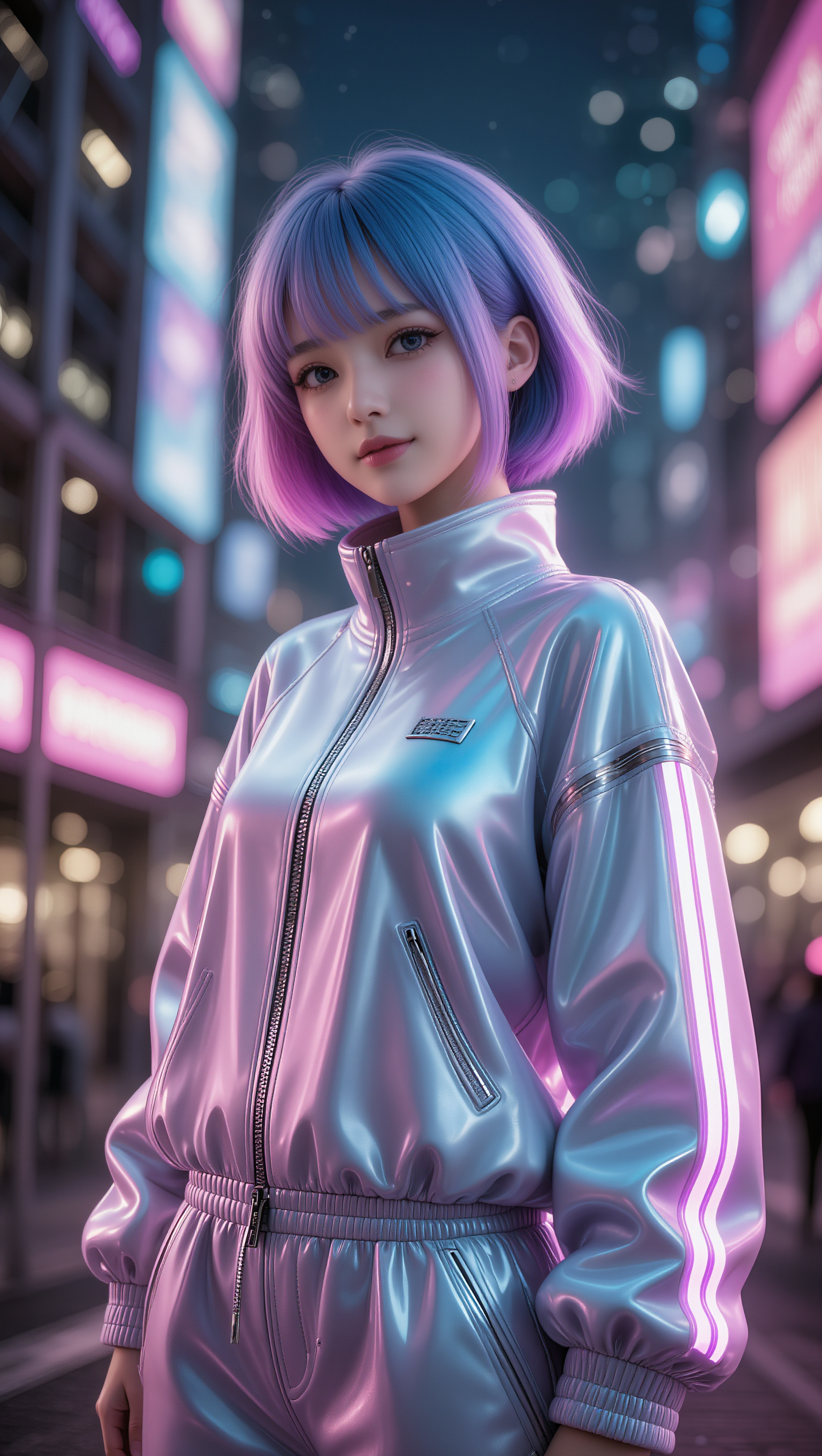 cyberpunk female idol neon light - undercut short hair female AI image