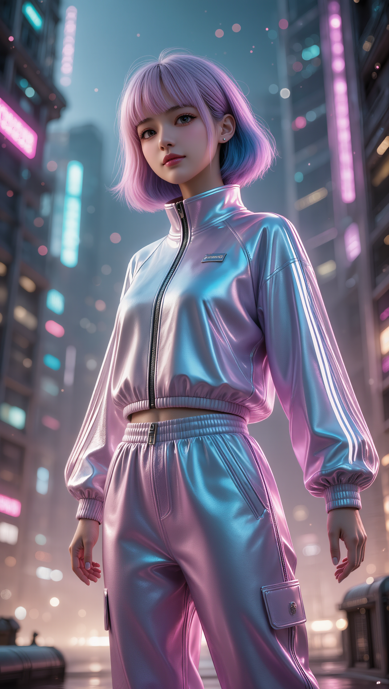 cyberpunk female idol neon light - undercut short hair female AI image