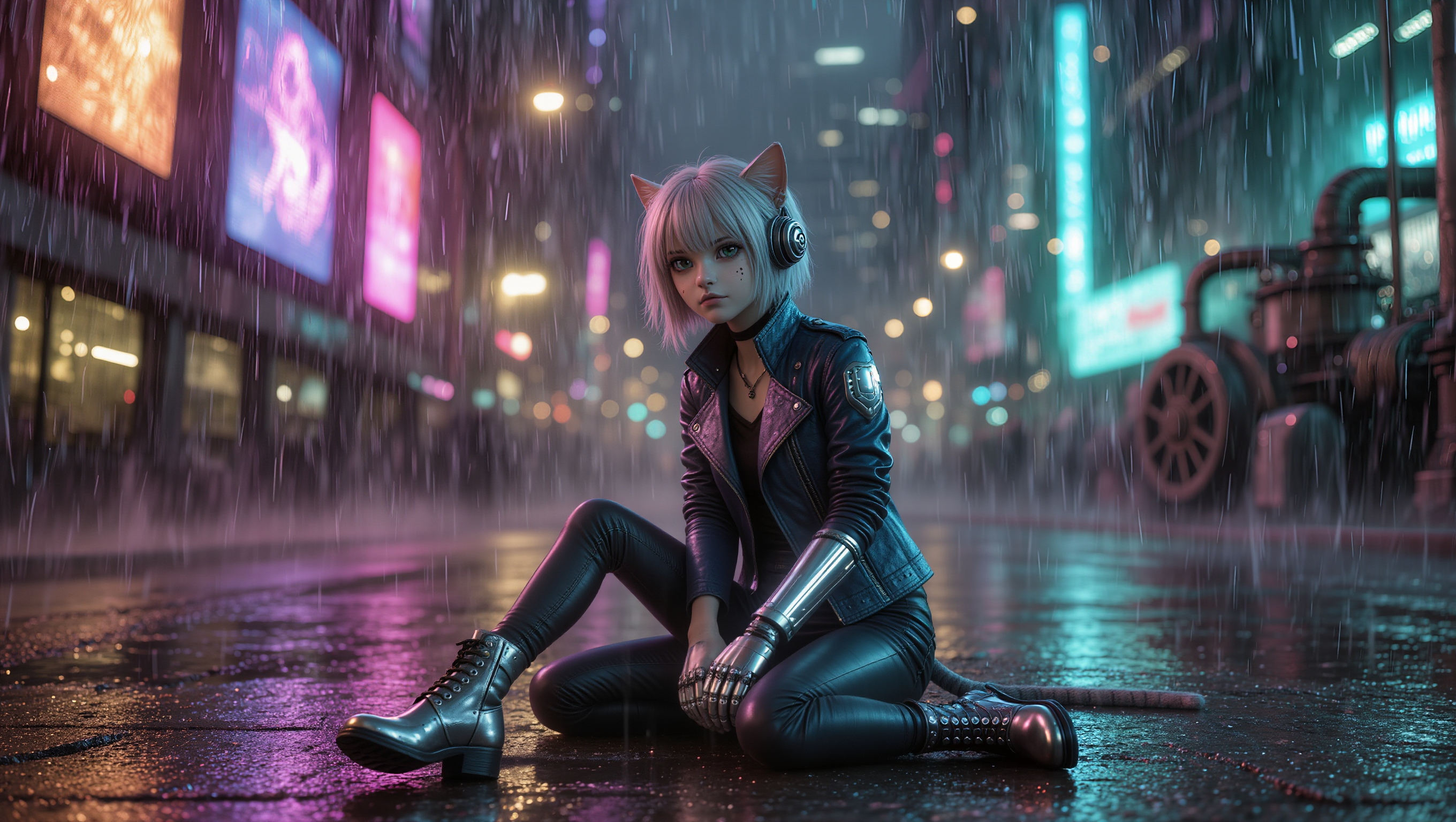 anthropomorphic cat in cyberpunk - cyberpunk birds with broken wings AI image