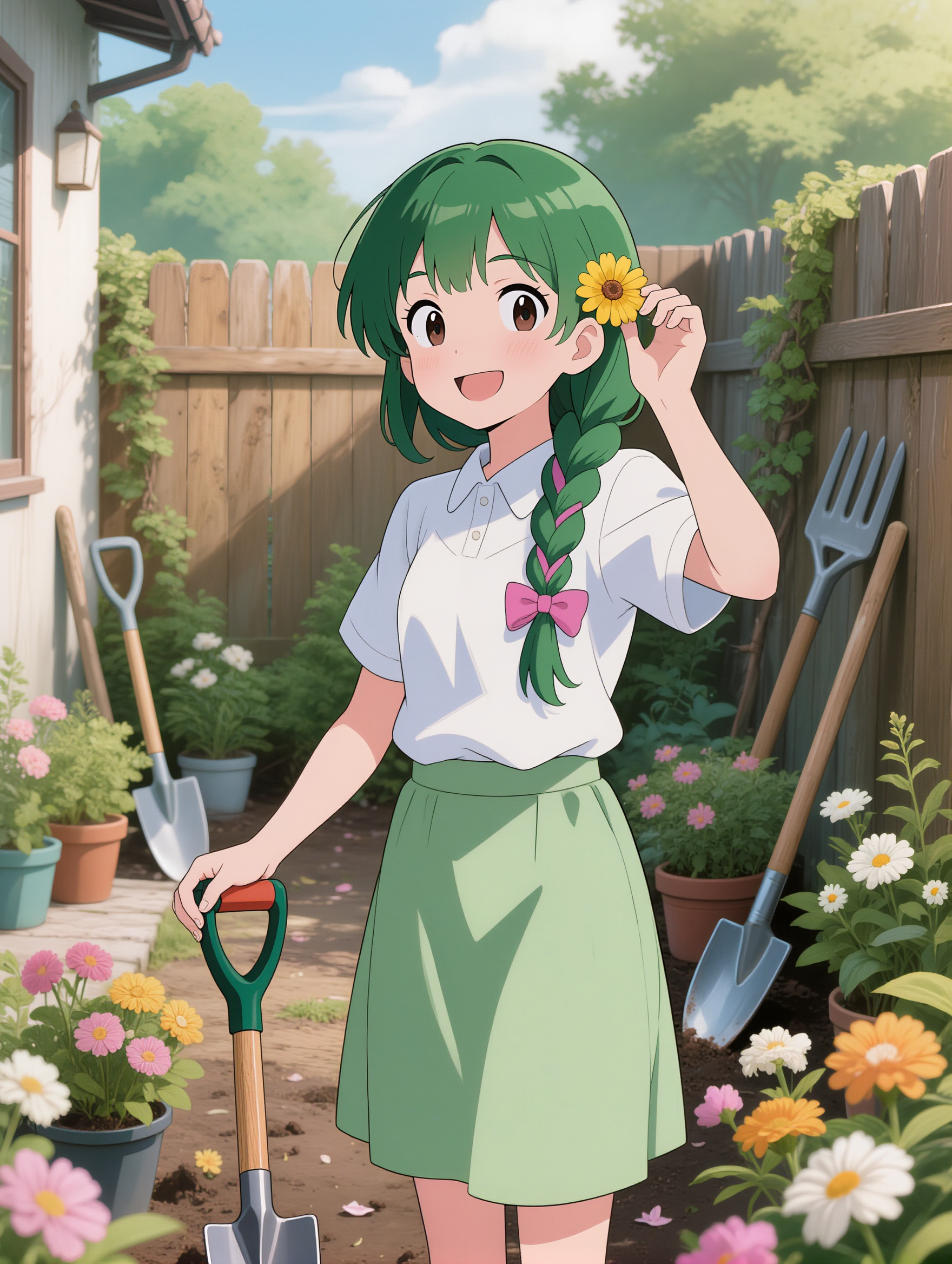 Kling AI work 315657999521326 - green hair anime girl with red and white shirt AI image