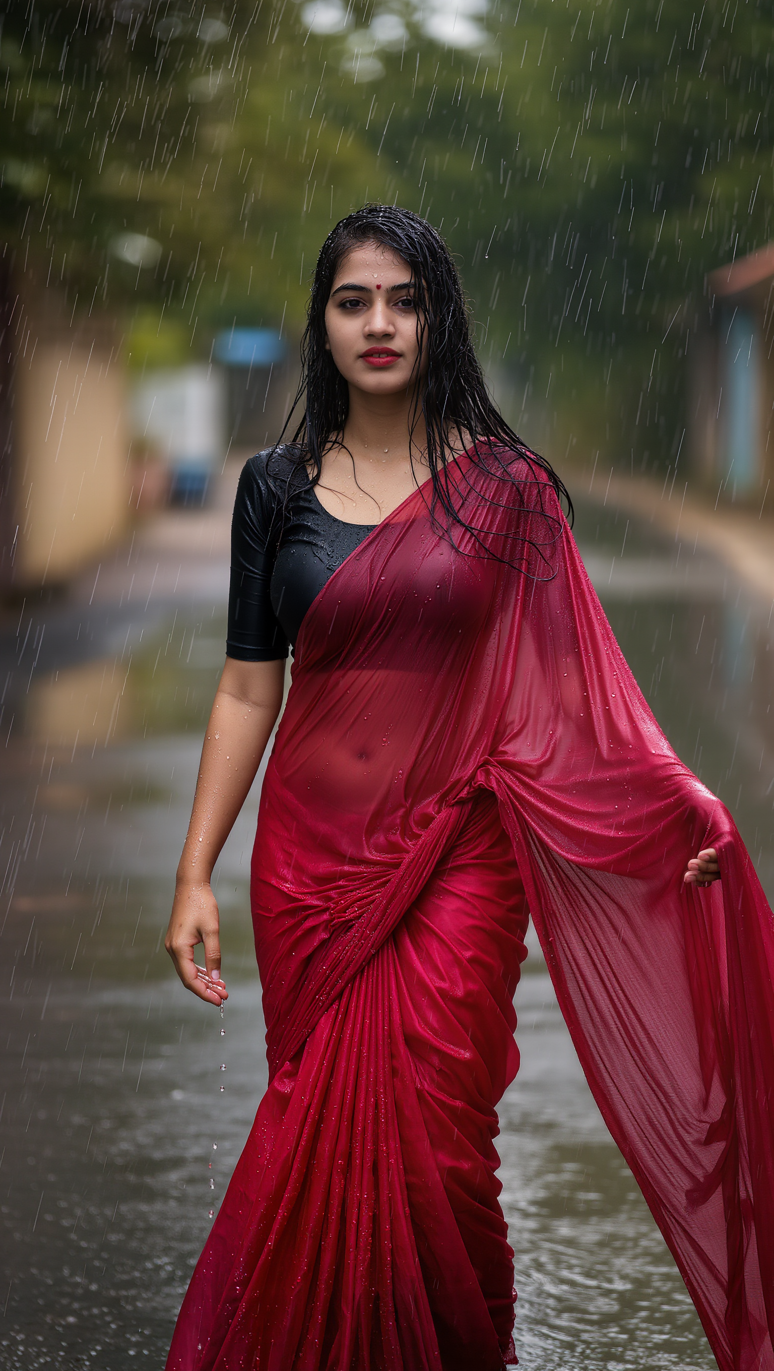 Indian girl in rain - confetti rain AI image