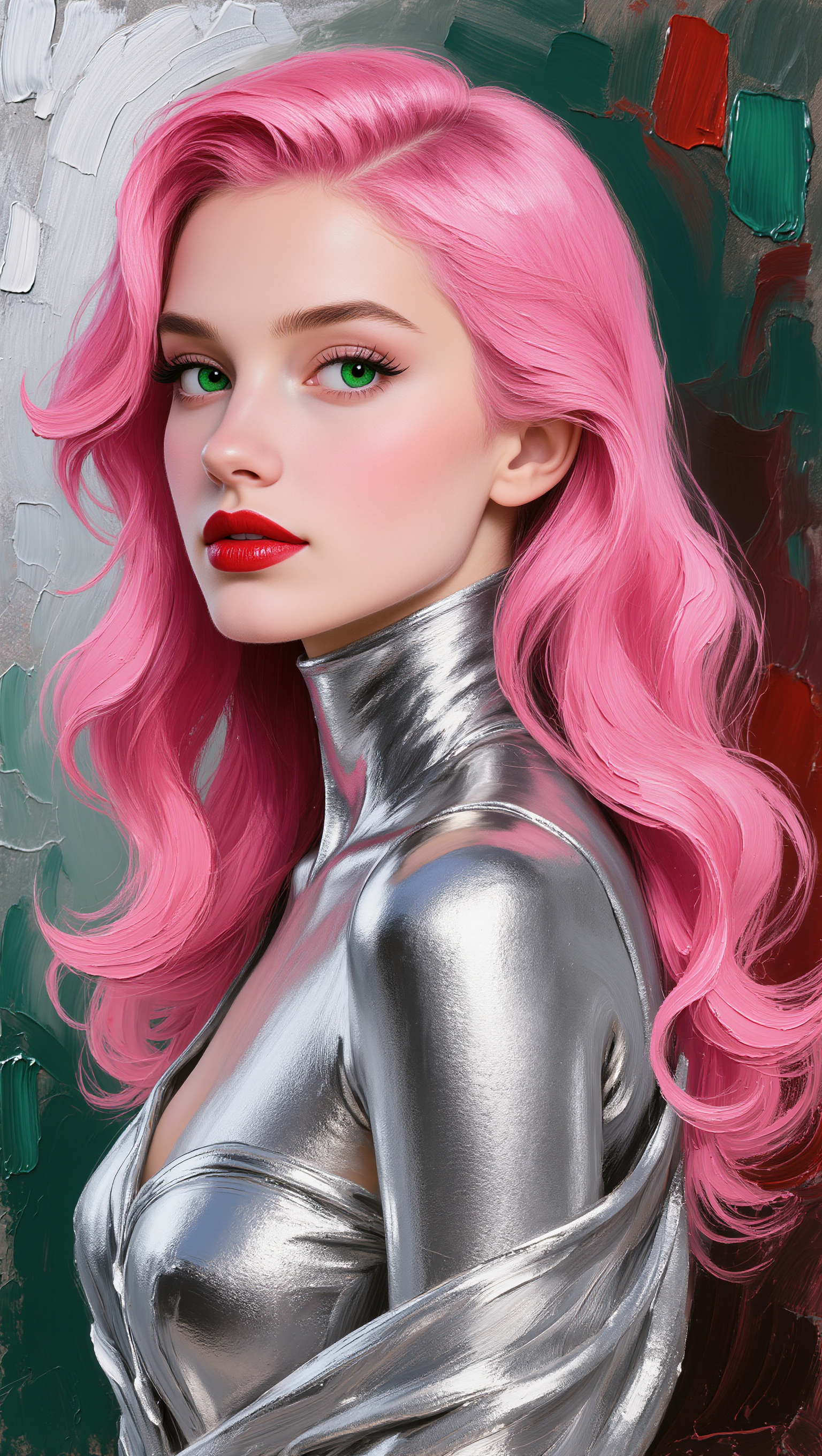green eyes pink hair silver top - wavy brunette hair AI image