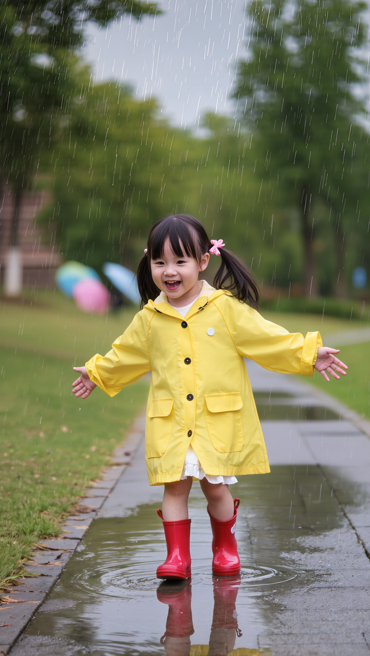 Cute little girl dancing in rain - rain on a scarecrow AI image