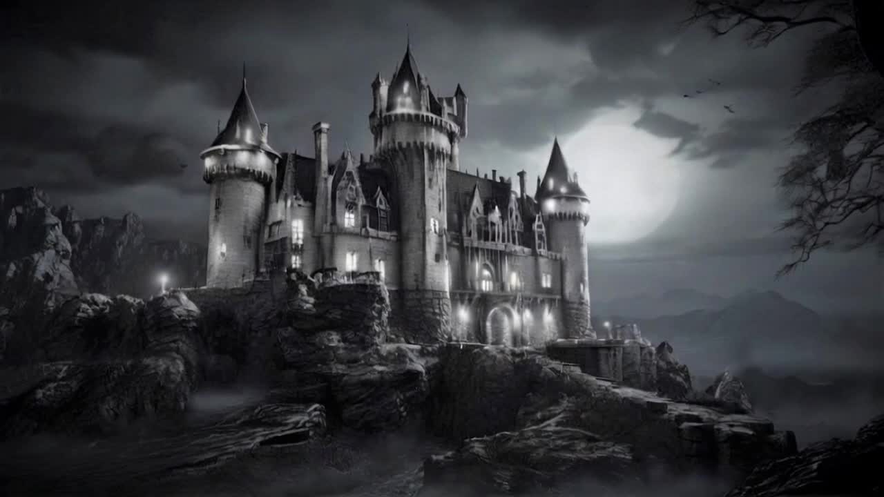 spooky castle - pan camera movement AI video