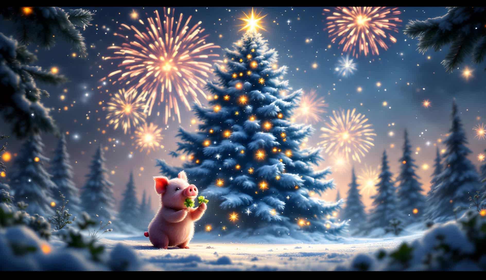 Forest Xmas Tree With Fireworks - pig silhouette AI video