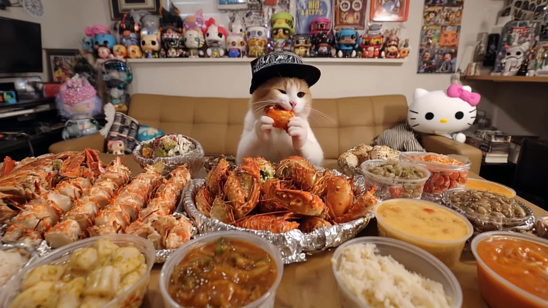 The cat devours the lobster in f - ai cat video AI video