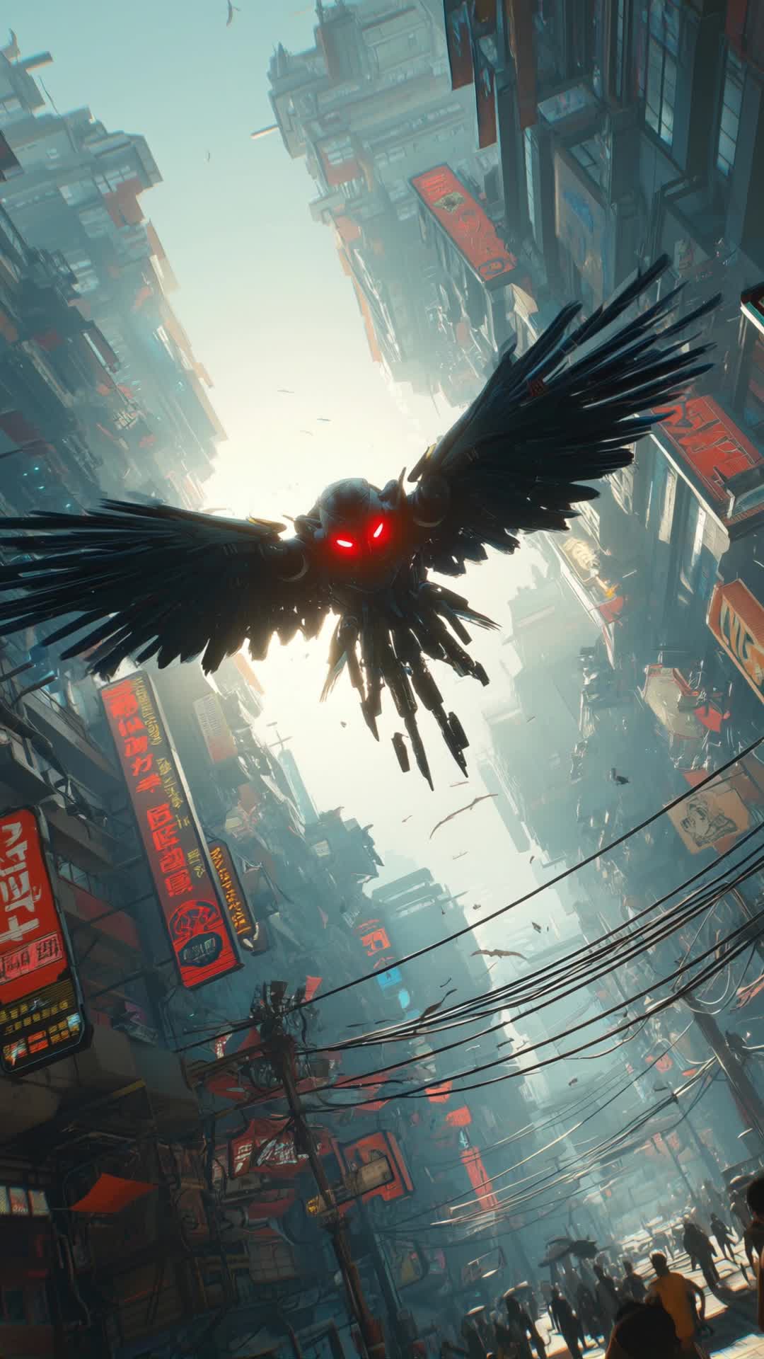 Cyberpunk bird flying - cyberpunk birds with broken wings AI video