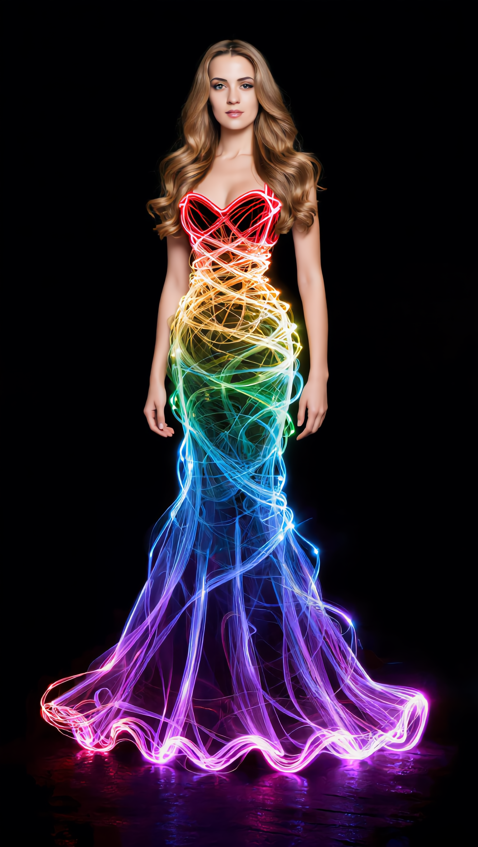 Woman in freeze light dress - hair color light brown with red highlights AI image