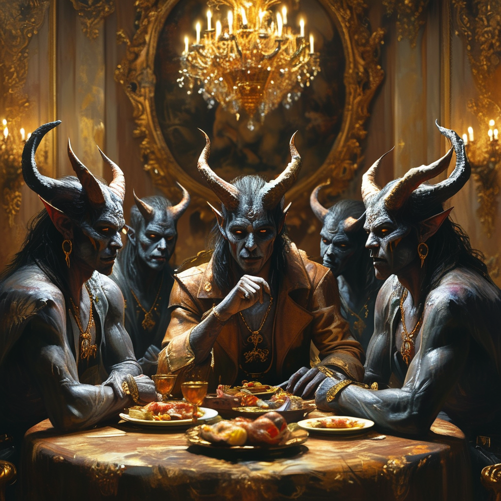Three Demonic Creatures Around Baroque Dining Table Supernatural ...