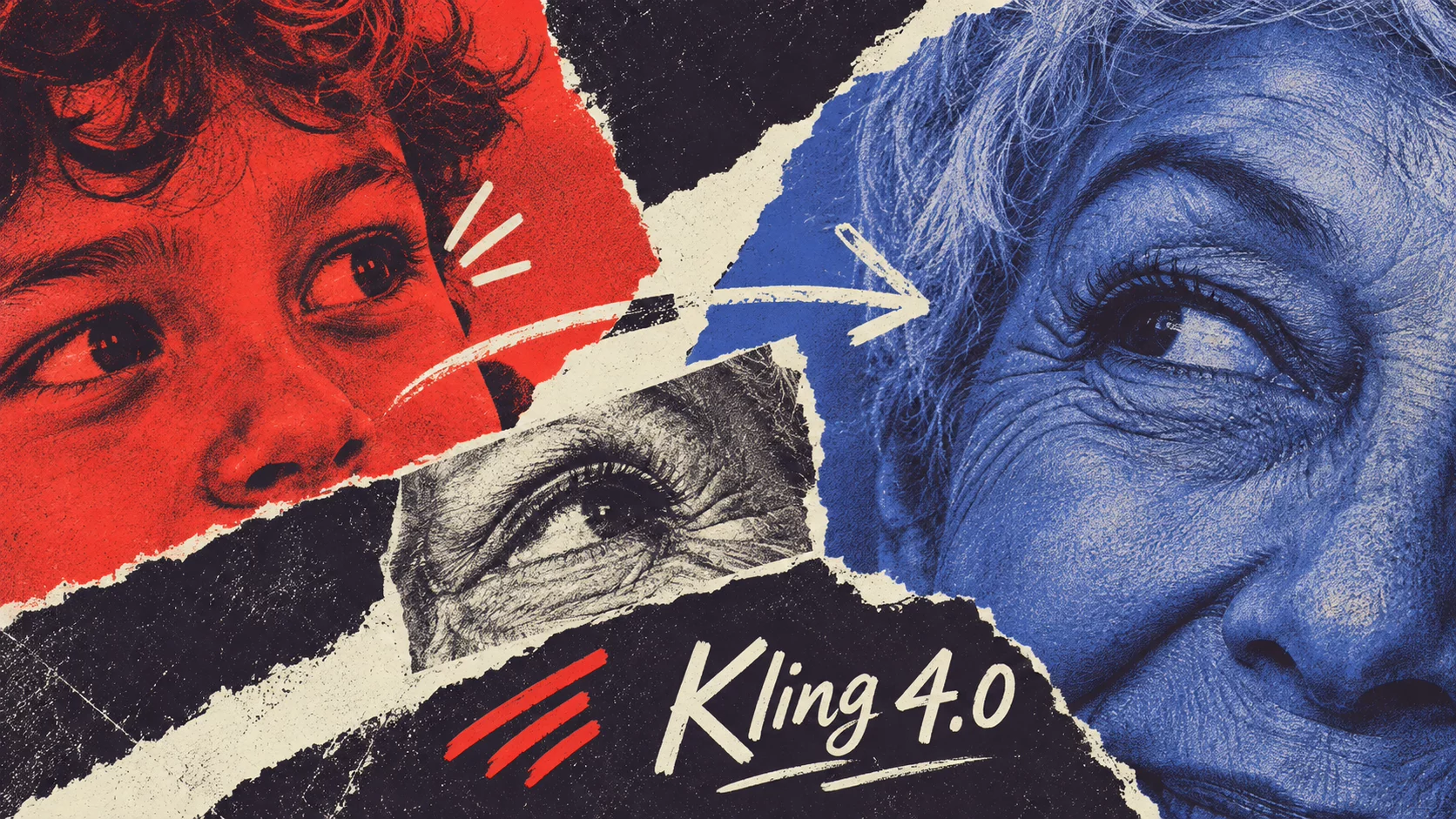 Official Kling 4.0 artwork from the Kling release note: torn-paper collage of a child and an older woman with the Kling 4.0 logo
