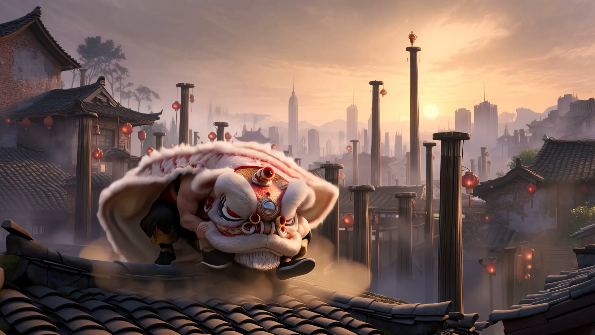 Kling 4.0 rooftop lion-dance video generated from a grid reference