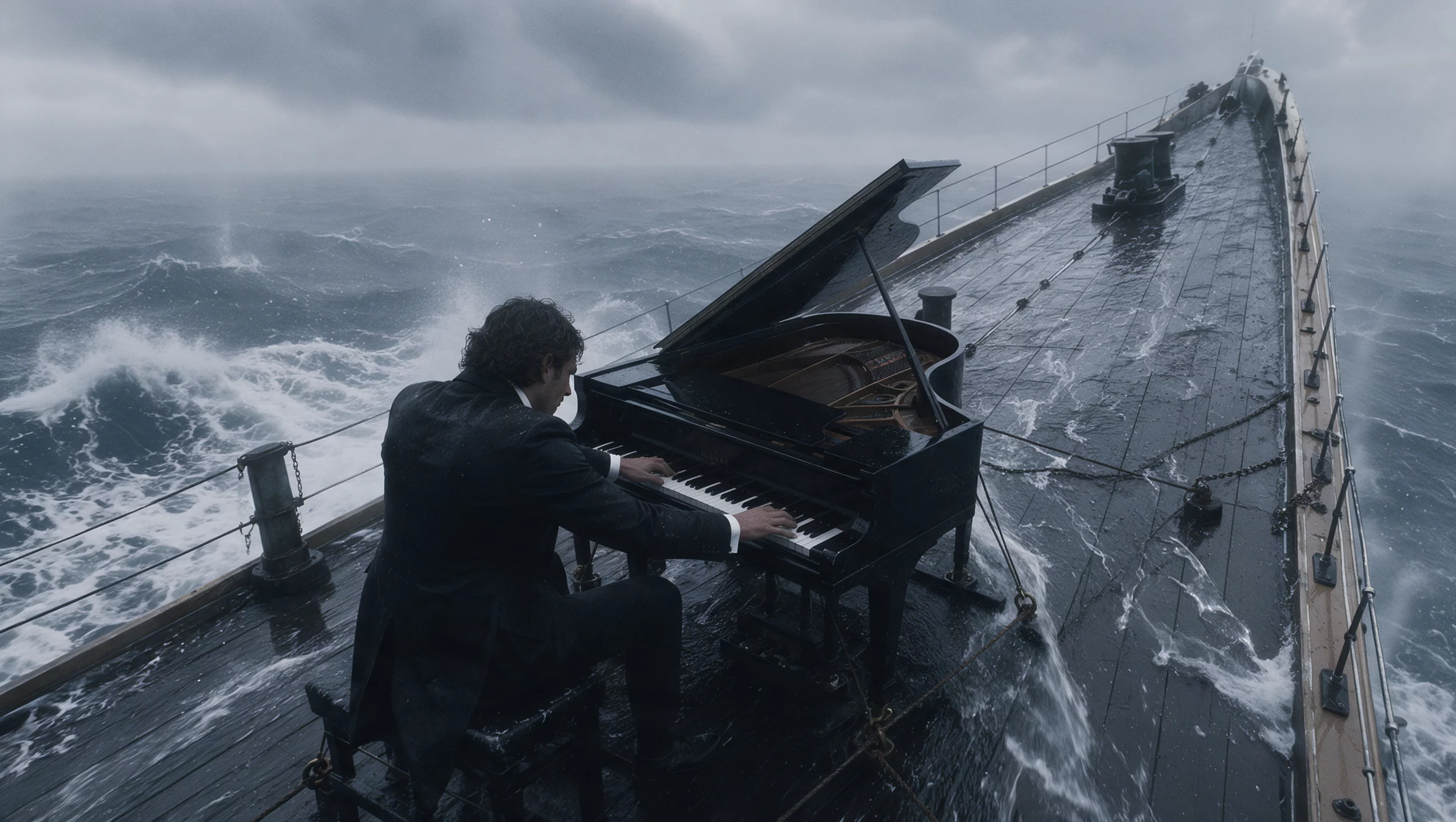 Official Kling 4.0 sample frame: a pianist at a grand piano on the deck of a ship in heavy waves, shown in Kling 4.0 release materials
